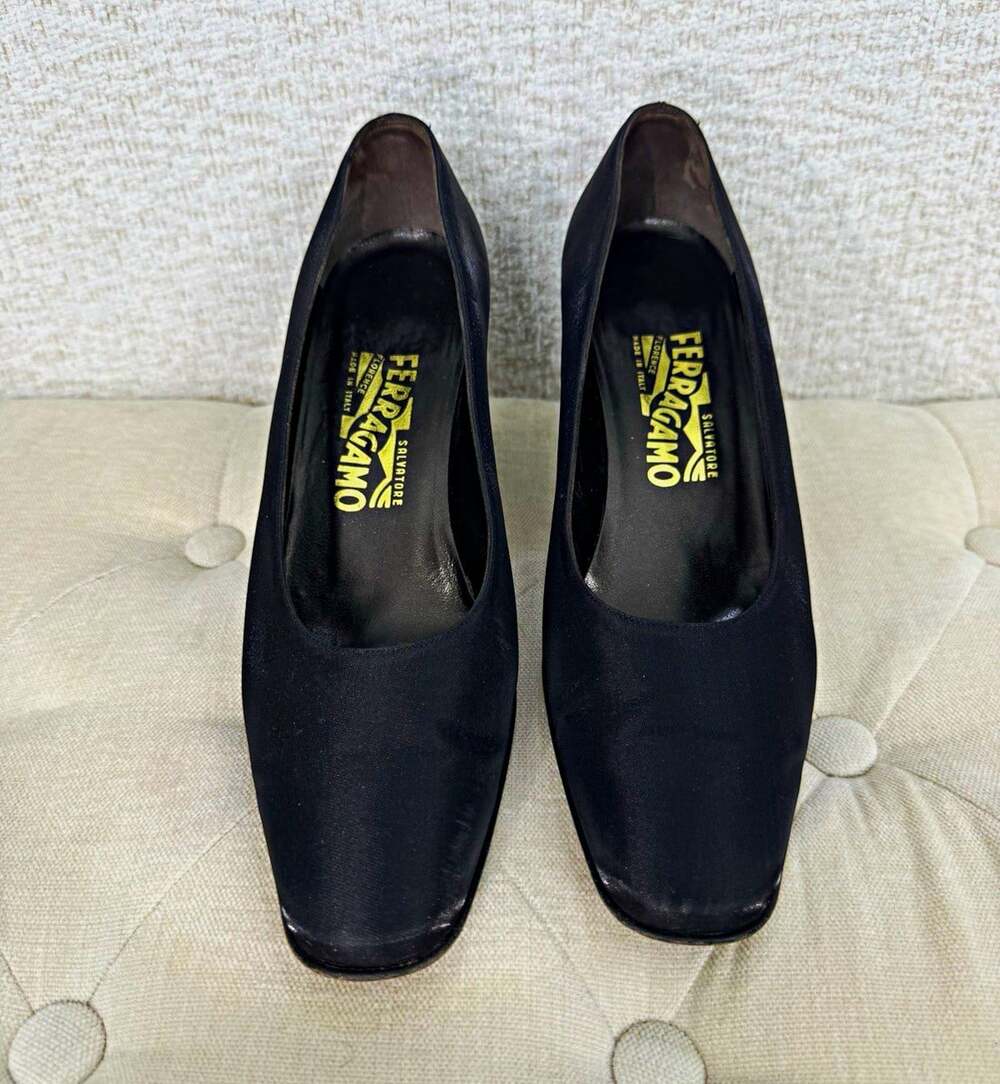 Salvatore Ferragamo 1990s Vintage Black Satin Pumps with Rhinestone Heel Trim S7